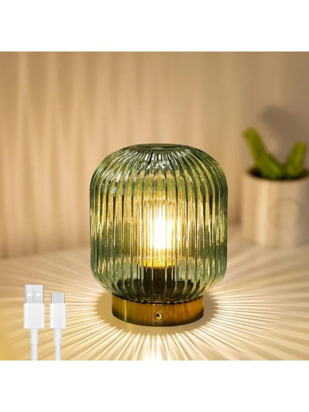 Rechargeable Green Glass Table Lamp with Dimmable Brightness & Memory Function